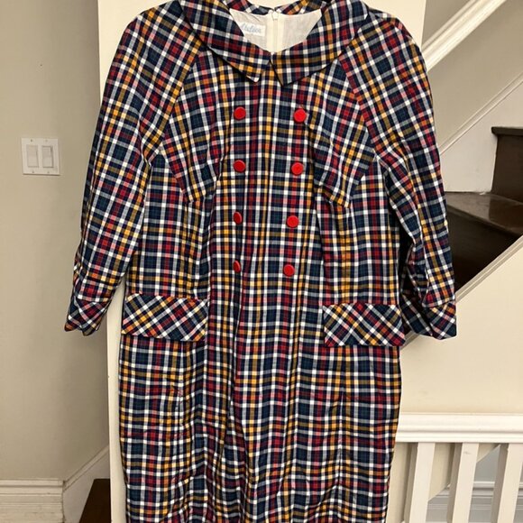 Checked A-Line Dress With Red Buttons - Picture 3 of 8